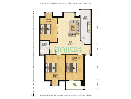 上城风景 3室1厅1卫 109平方