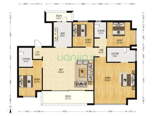 昆明融创文旅城铭海花园南区 4室1厅3卫 194平方