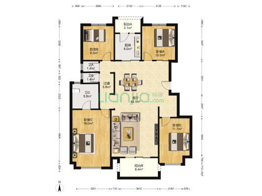 金地南湖艺境二期 4室1厅3卫 147平方
