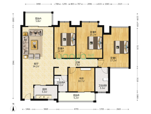 香江漫步 4室1厅2卫 129平方