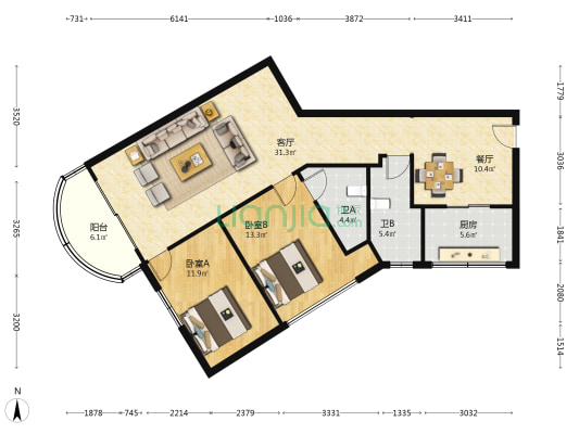和平大厦 2室2厅2卫 109平方