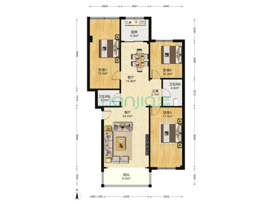 桃花苑 3室2厅2卫 141平方