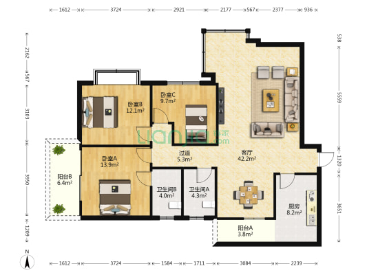 富丽花园 3室1厅2卫 135平方
