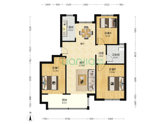 新鸥鹏教育城 3室1厅1卫 107平方