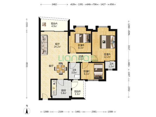 菊中花园 3室1厅2卫 96平方