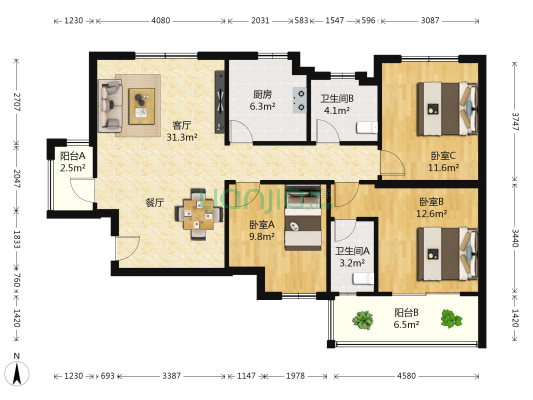 汉和蕙苑 3室1厅2卫 121平方