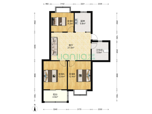 银都花园 3室1厅1卫 90平方