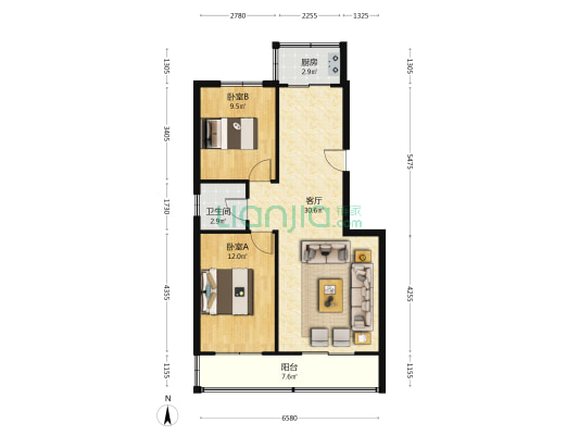 仙颐园，业主自己装修，精装修没住，两居室-户型图