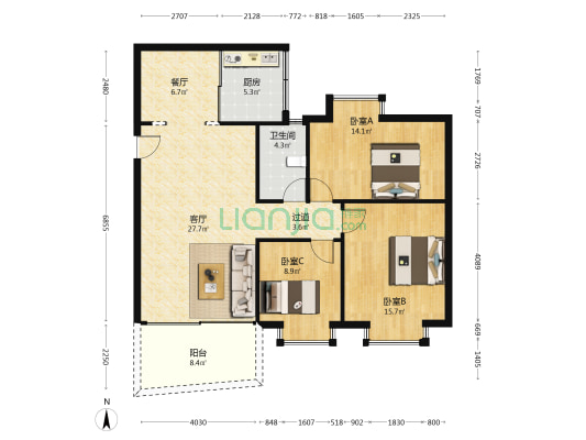 金埔花园 3室2厅1卫 108平方