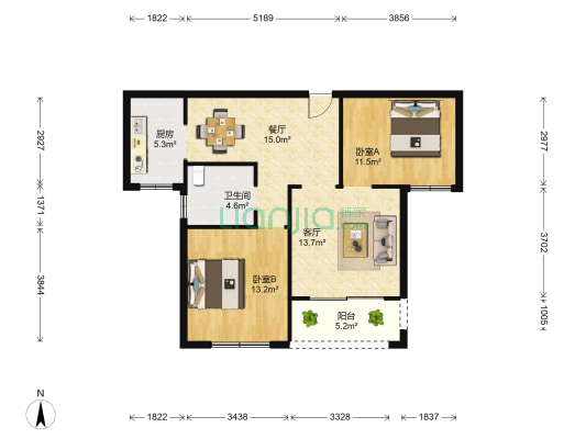 中实锦绣园 2室2厅1卫 88平方