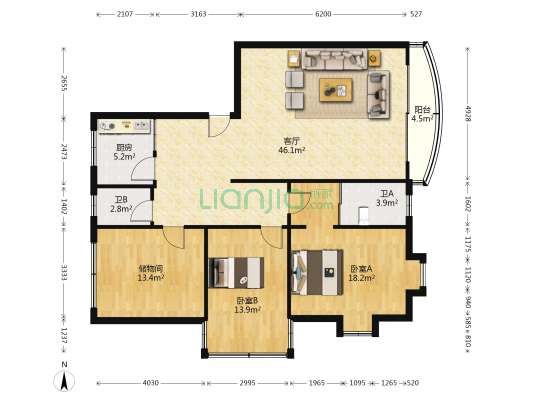岭南大道北 2室1厅2卫 136平方