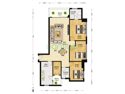 汇腾大厦 3室1厅2卫 145平方