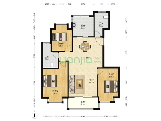 惊驾名庭B区 3室1厅2卫 131平方