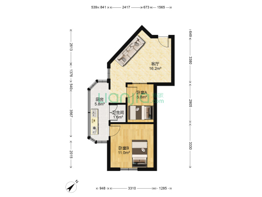赤岗二街1号大院 2室1厅1卫 46平方