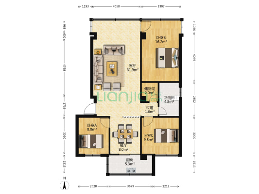 检察院宿舍(官渡) 3室2厅1卫 85平方