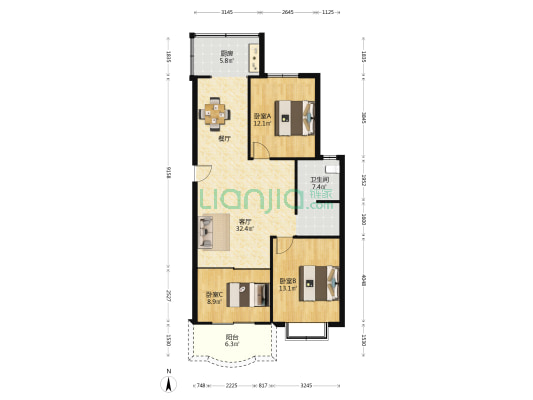 盛世花园 3室1厅1卫 107平方