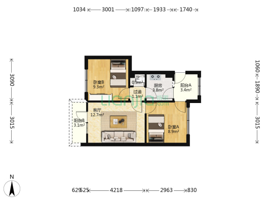 营门口路190号院 2室1厅1卫 55平方