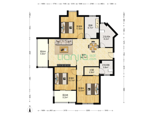 江南华都A区 3室1厅2卫 131平方