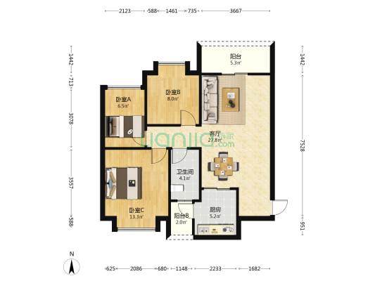 恒大文化旅游城6组团 3室1厅1卫 94平方