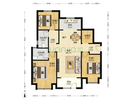 天鸿万象 3室1厅2卫 125平方