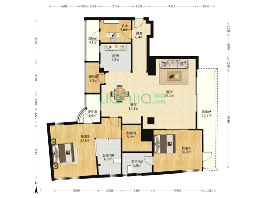 常德公寓 3室2厅2卫 169平方