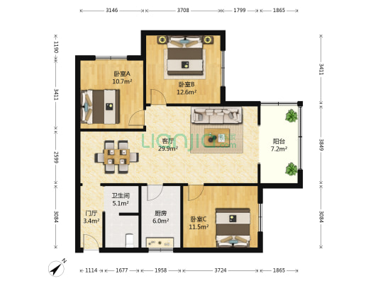 一环路南二段5号 3室1厅1卫 97平方