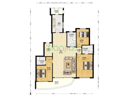 复星外滩中心 3室1厅3卫 174平方