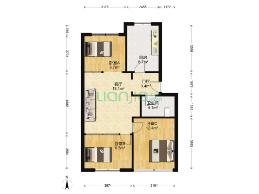康大金海园 3室1厅1卫 80平方