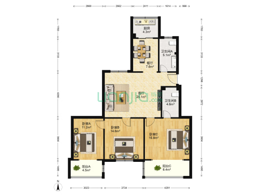绅士花园 3室2厅2卫 207平方