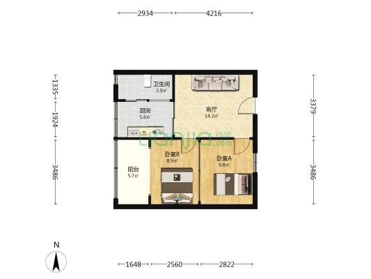 竹山路248号 2室1厅1卫 61平方