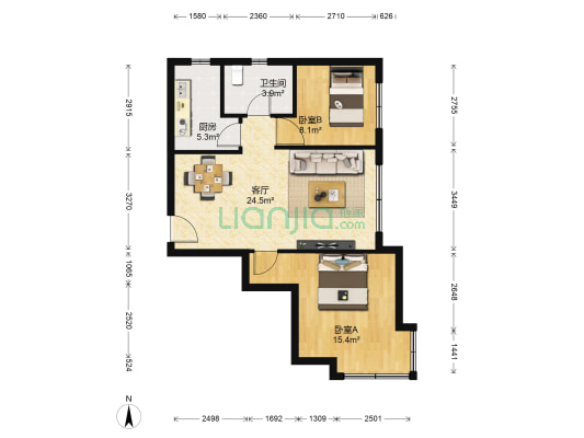 名士华庭玫瑰苑 2室1厅1卫 84平方