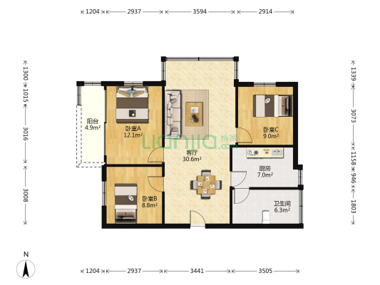 广东药学院光汉直街 3室1厅1卫 90平方