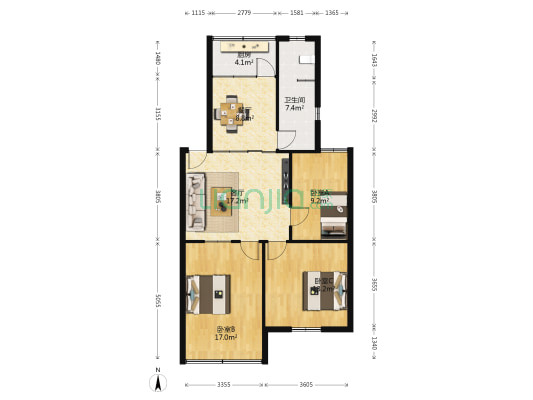 珠江小区 3室2厅1卫 100平方