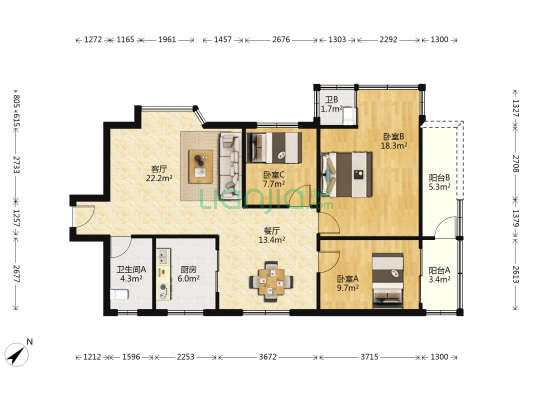椰岛公寓 3室2厅2卫 110平方