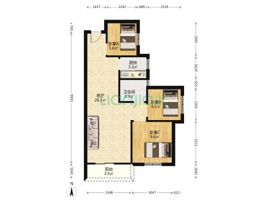 红光颐景苑 3室1厅1卫 80平方