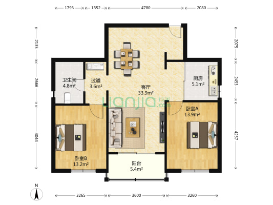 豫景公寓 2室1厅1卫 107平方