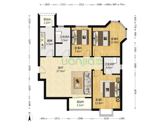 梦想家园 3室1厅2卫 106平方