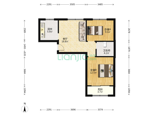 广信新城B区 2室1厅1卫 77平方