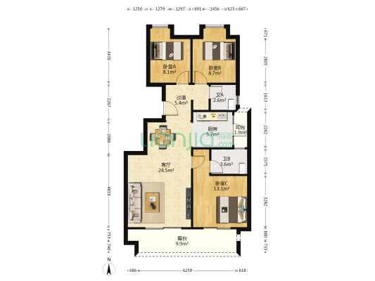 华远海蓝和光 3室1厅2卫 99平方