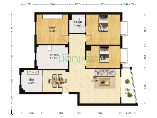 康馨花园 2室2厅2卫 128平方