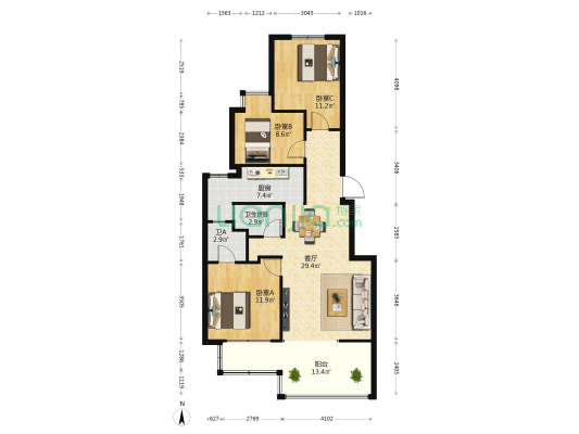 紫金城 3室1厅2卫 109平方