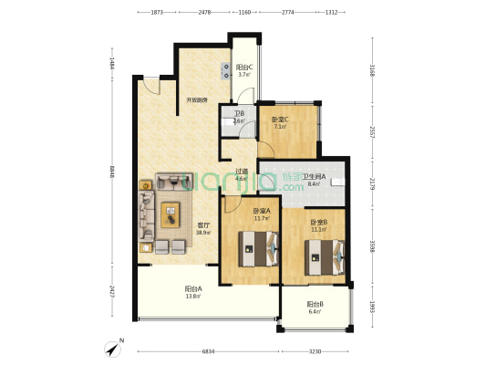 中铁阅山湖越麓公馆 3室1厅2卫 113平方