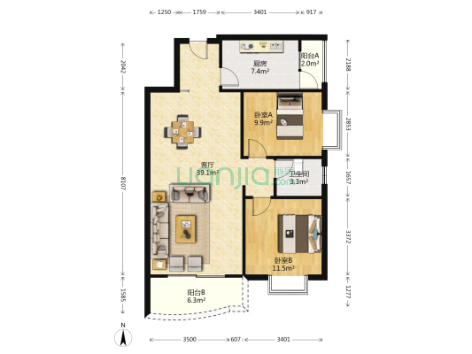 华星雅苑 2室1厅1卫 98平方