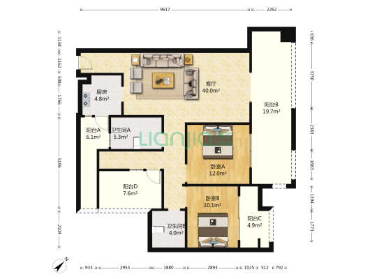 枫尚领域 2室1厅2卫 110平方