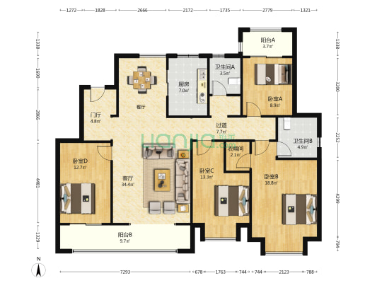大明院 4室1厅2卫 168平方