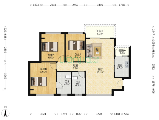御澳湾豪庭 3室1厅2卫 87平方
