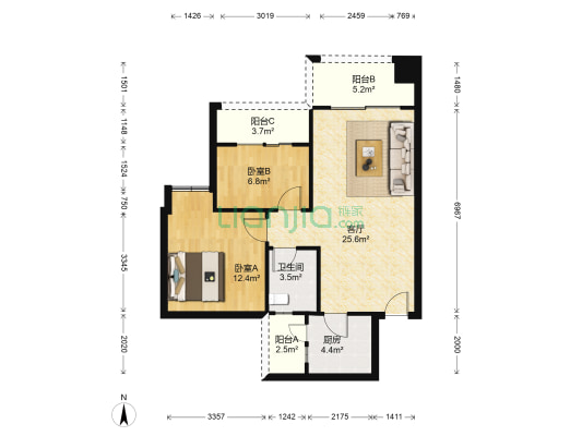 马克公馆二期 2室1厅1卫 77平方