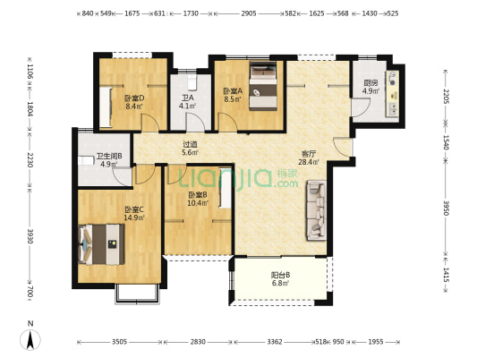 红海高铁万象城 4室1厅2卫 125平方