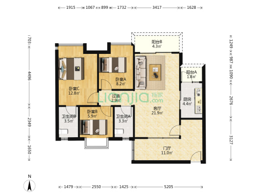 君悦轩 3室1厅2卫 91平方