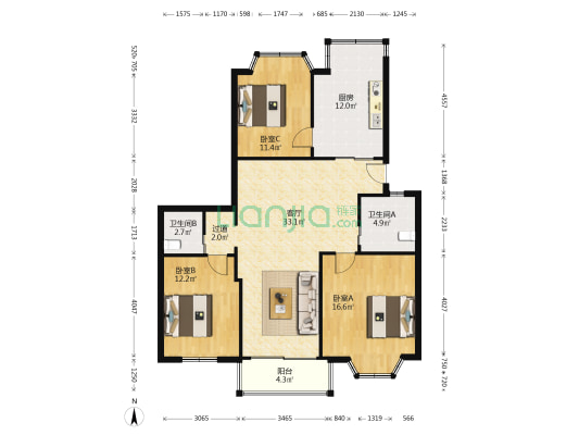 宋都凯旋苑 3室1厅2卫 115平方